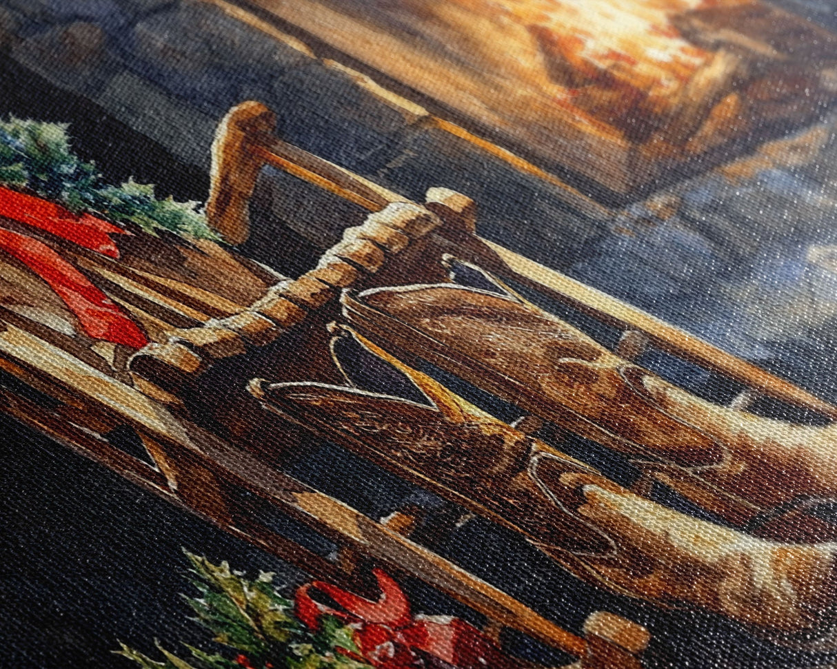 Canvas Print Rocking Chair and Cowboy Boots by Fireplace, Cozy Christmas Decor, Western Holiday Wall Art, Rustic Christmas Scene