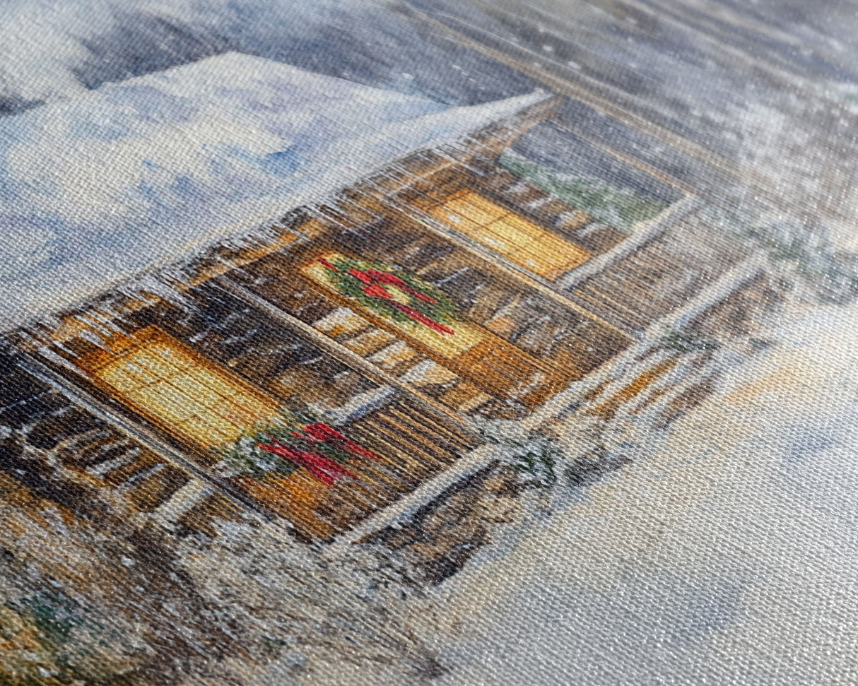 Snowy cabin Christmas decor, winter wonderland wall art, rustic farmhouse Christmas print, cozy country home decor, framed canvas print