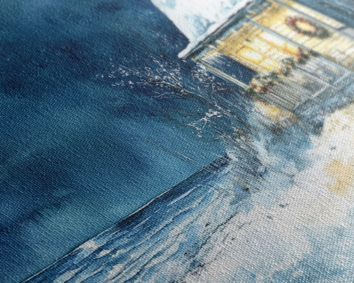 Coastal Christmas cabin decor, winter beach house art, snowy holiday seaside print, cozy Christmas wall art, framed canvas print