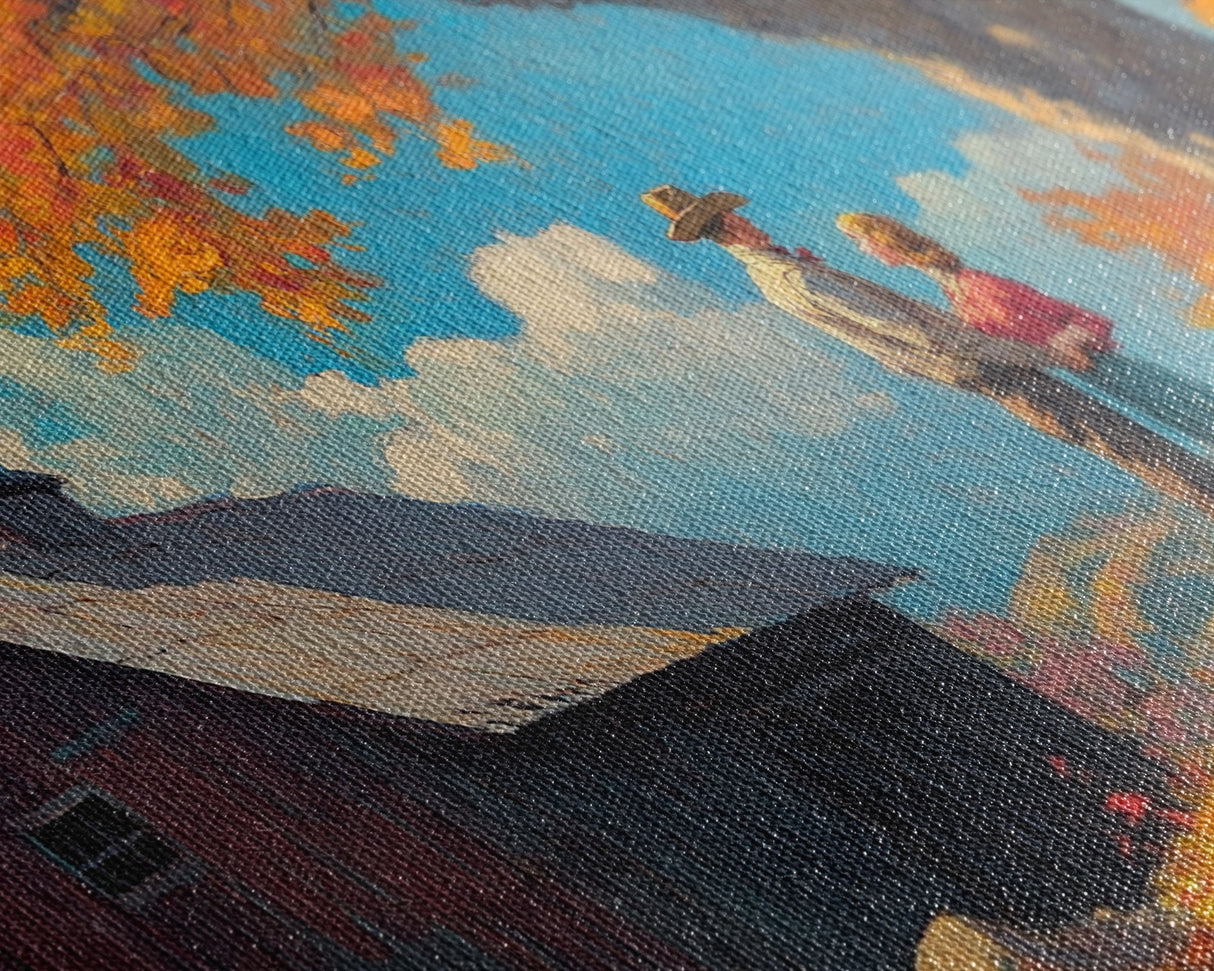 Our First House, Framed Canvas Print, Cowboy & Cowgirl In Love, Fall Landscape Western Art Wall Decor Seasonal Wall Art