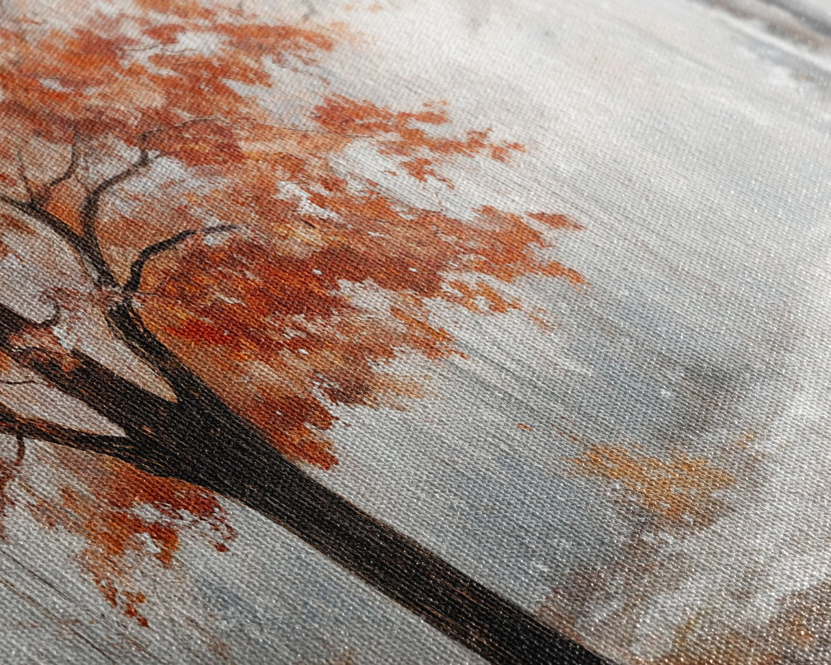 Misty Forest Path with Orange Leaves Framed Canvas Print, Ideal Autumn Decor or Fall Wall Art for Cozy Home Interiors