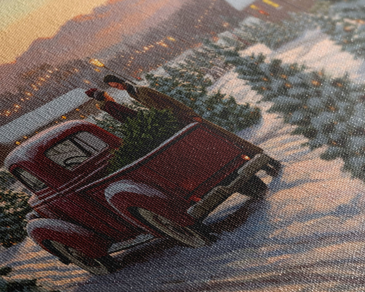 Christmas Tree Farm Framed Canvas Print, Red Truck Winter Scene, Farmhouse Christmas Decor, Christmas Vacation Decor, Holiday Art Gift