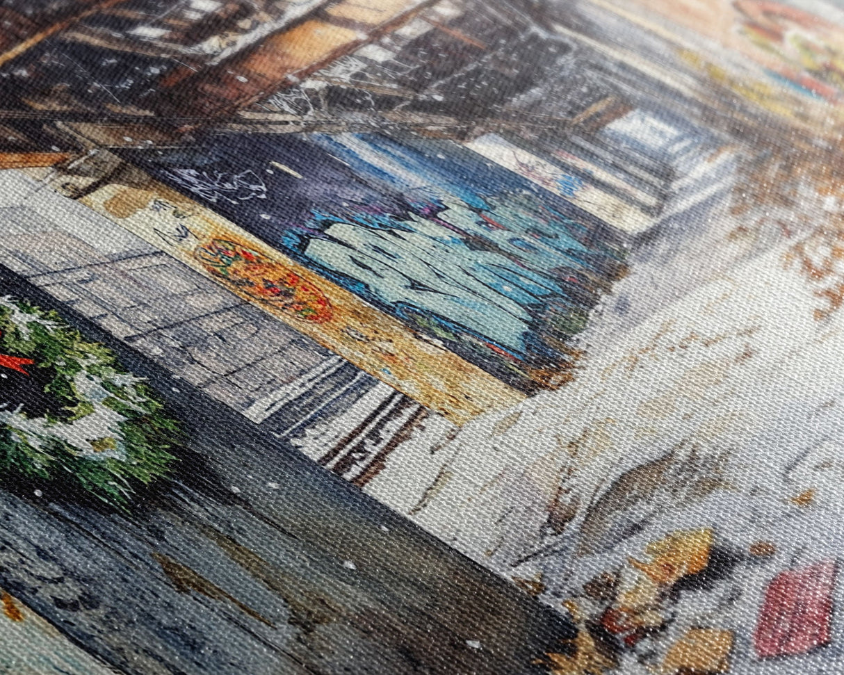 Rustic Urban Wreath Holiday Decor Framed Canvas Print, Christmas Scene with Snowfall and Graffiti Wall Perfect Holiday Wall Art