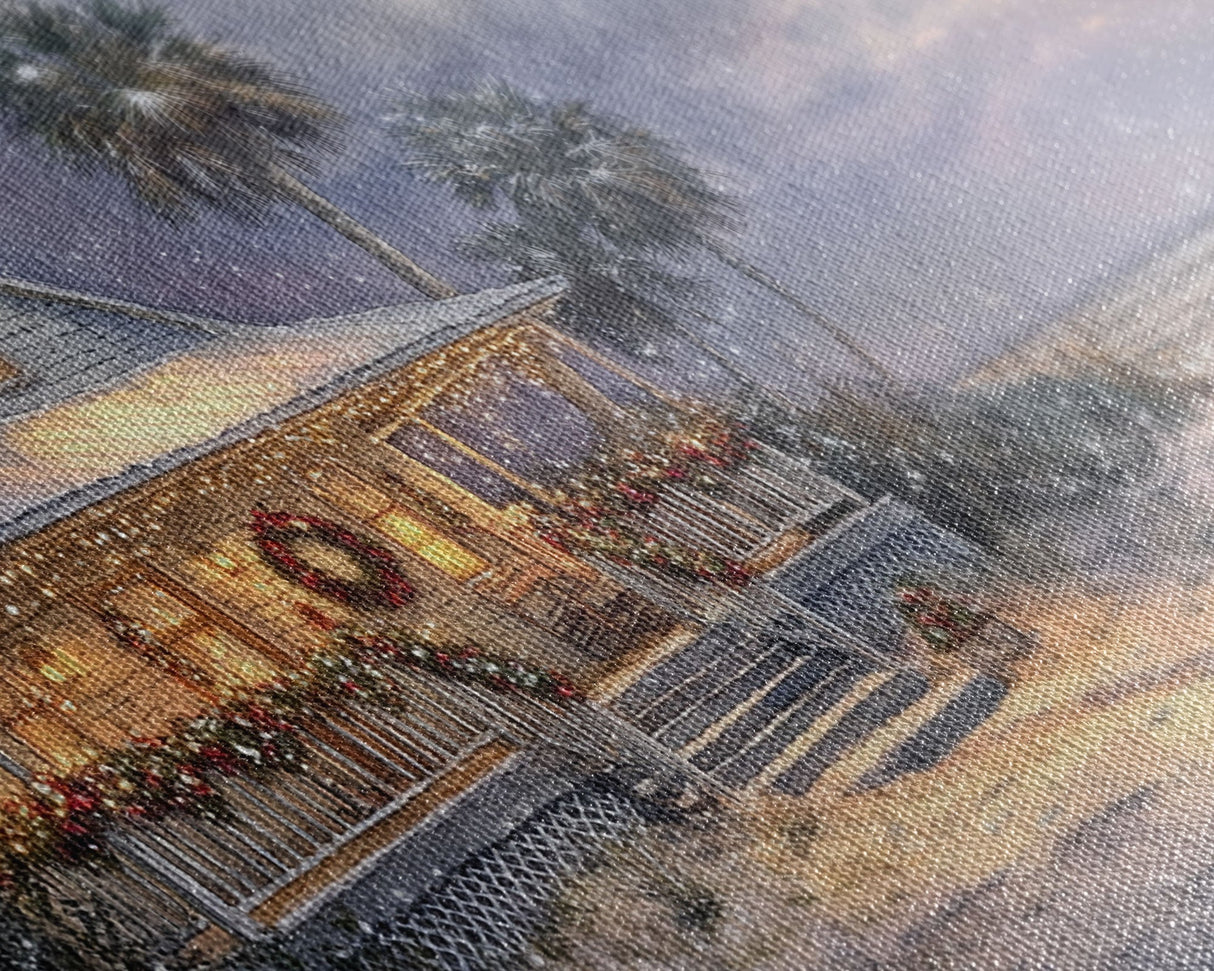 Christmas beach decor scene in tropical house with wreath and lights, Framed Canvas Print palm trees snow, winter art and holiday home decor