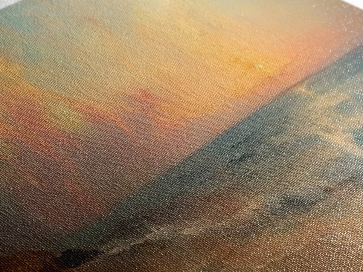 Ocean Waves Crash Into a Hidden Beach at Sunset, Framed Canvas Print, Panoramic Boho Seascape Painting