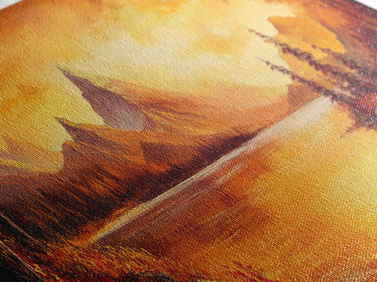Golden Hour Over The Mountains, Sunset Landscape Painting Print, Wood Framed Artwork, Ultra Wide Panoramic Print