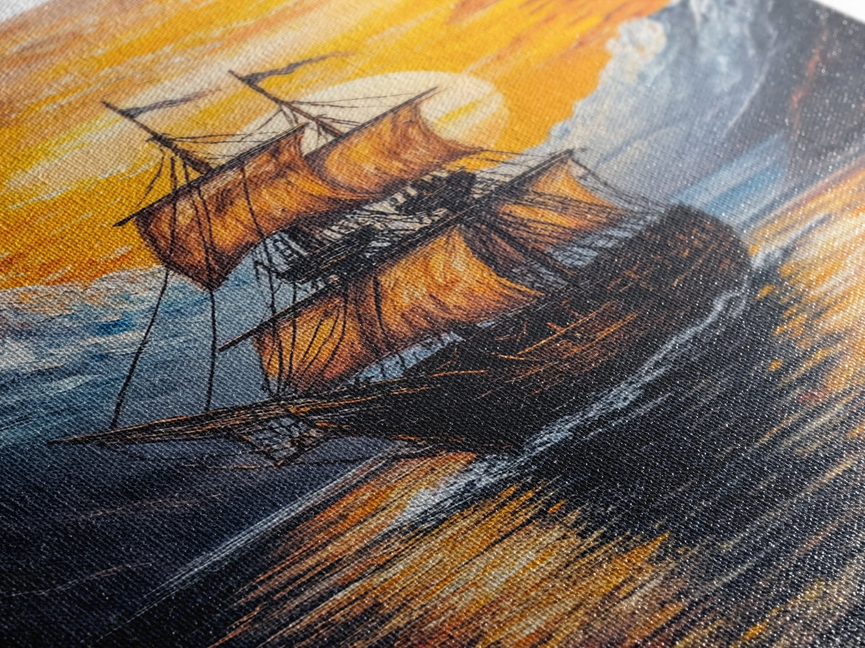 Pirate Ship Sails At Sunset, Nautical Wall Art, Fantasy Decor, Pirate Themed Art, Oil Painting, Fantasy Wall Art, Fantasy Decor