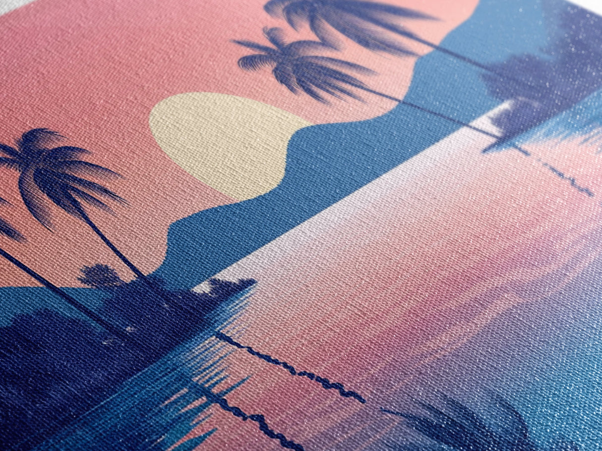 Abstract Vaporwave Sunset Over A Beach Landscape, Framed Canvas Print, Modern Art, Unique Wall Decor, Framed Canvas Art