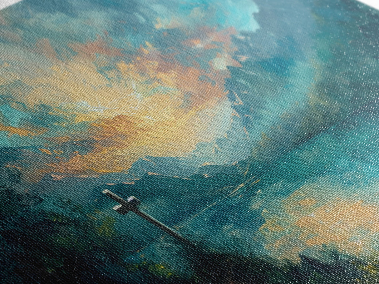 Painting Of a Cross And a Beautiful Landscape, Framed Canvas Print, Christian Wall Art