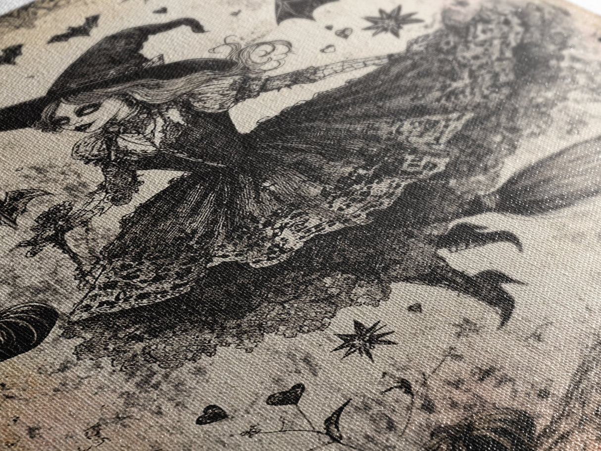 Spooky Season Halloween Witch, Witchy Decor Canvas Print, Black and White Witch Painting Print, Charcoal Sketch Of a Witch