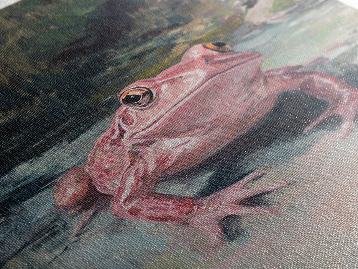 Painting of a Pink Frog, Framed Canvas Print, Wood Framed Wall Art, Home Decor, Preppy Pink Frog Wall Art, Dark Academia Decor