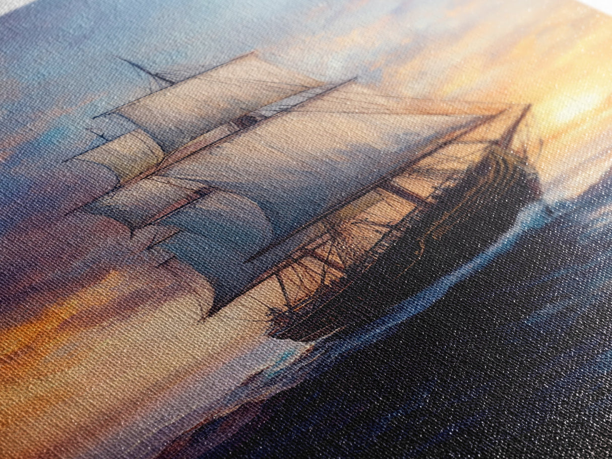 Pirateship at Dawn, Framed Canvas Print, Pirate Art