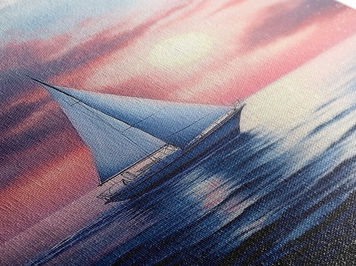 Vaporwave Sail Boat at Sunset, Framed Canvas Print, Retro Sail Boat Painting