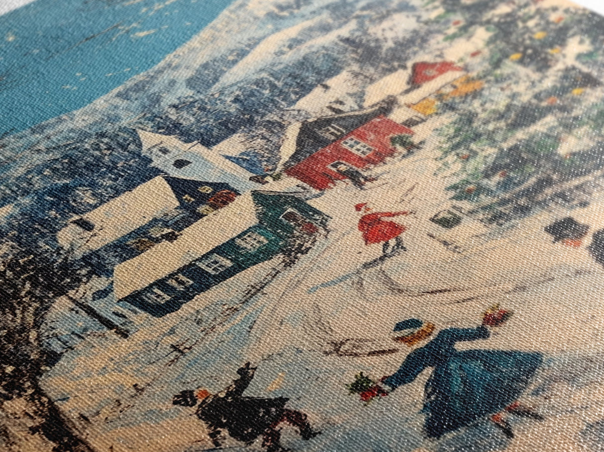 Ice Skating in The Streets on Christmas Morning Framed Canvas Print - Retro Christmas Village Wall Art - Christmas Above Mantle Centerpiece Art
