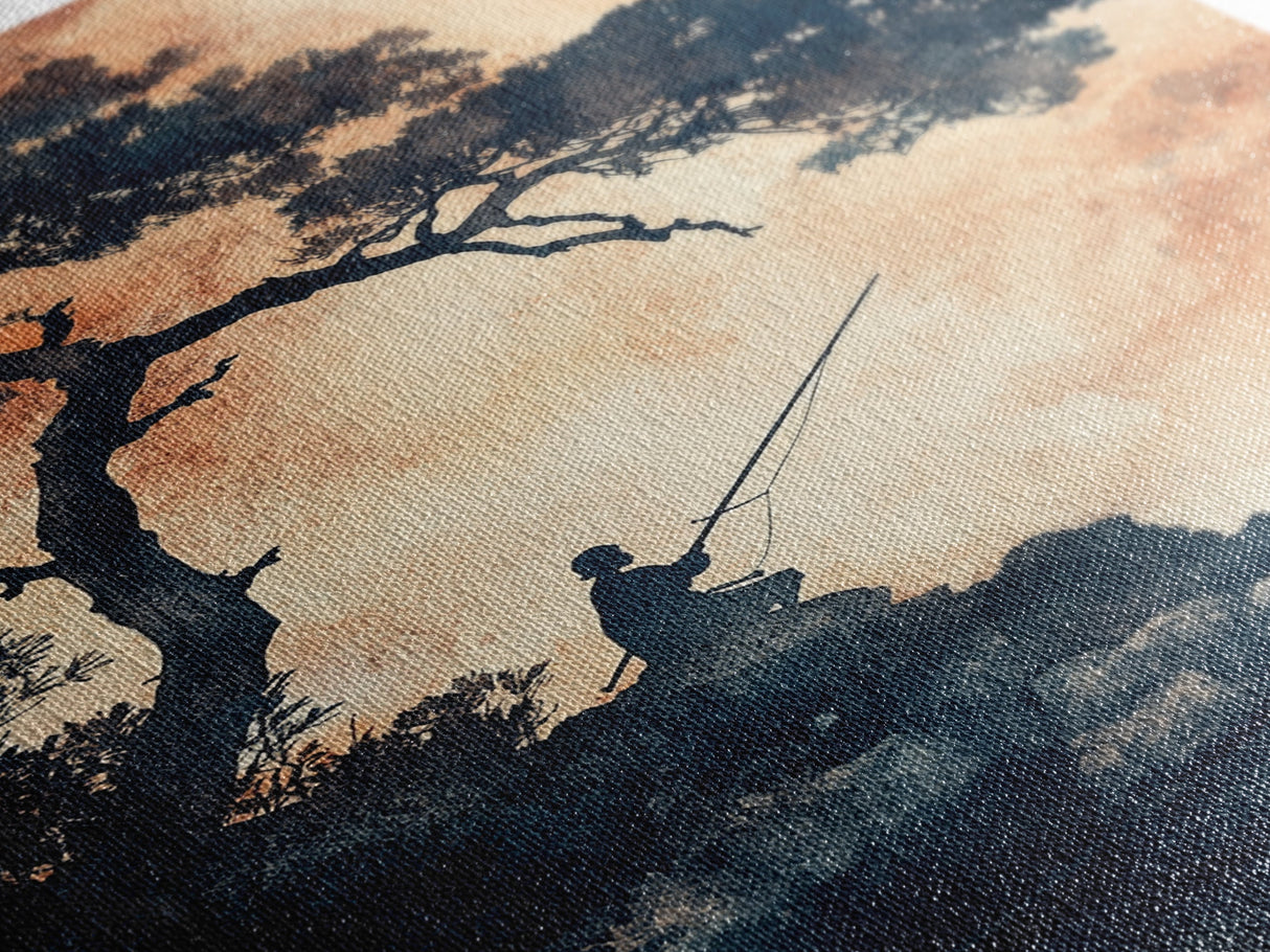 Japanese Fisherman Under a Bonzai Tree, Wabi Sabi Minimalist Decoe, Framed Canvas Print, Fishing Art, Fisherman Gift