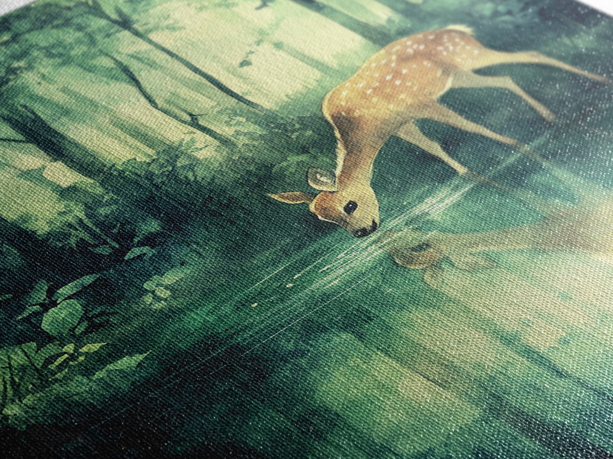 Young Deer Drinking Water In The Forest Painting Print, Wood Framed Canvas, Animal Prints, Nursery Decor, Framed Wall Art Home Decor