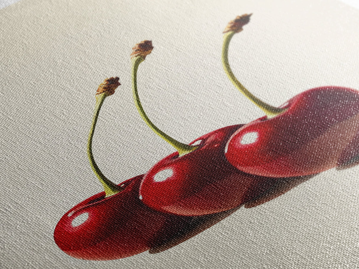 Three Cherries Framed Canvas Print, Cherry Painting, Cherry Wall Art, Ready To Hang Painting, Framed Wall Art, Photorealism, Fruit Art