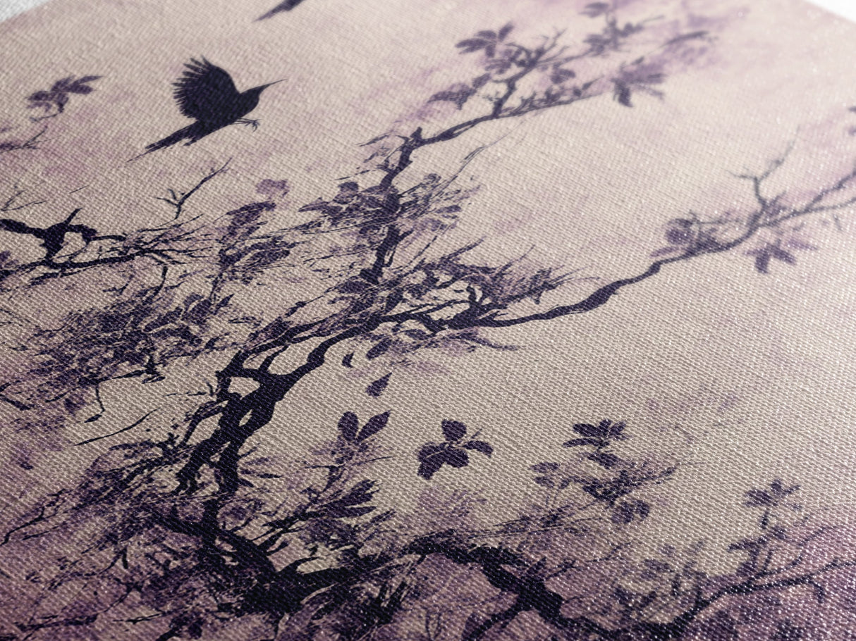 Wabi Sabi Floral Print Framed Canvas Art, Minimalist Home Decor, Purple trees with Crows, Purple Art, Boho Style Modern Art