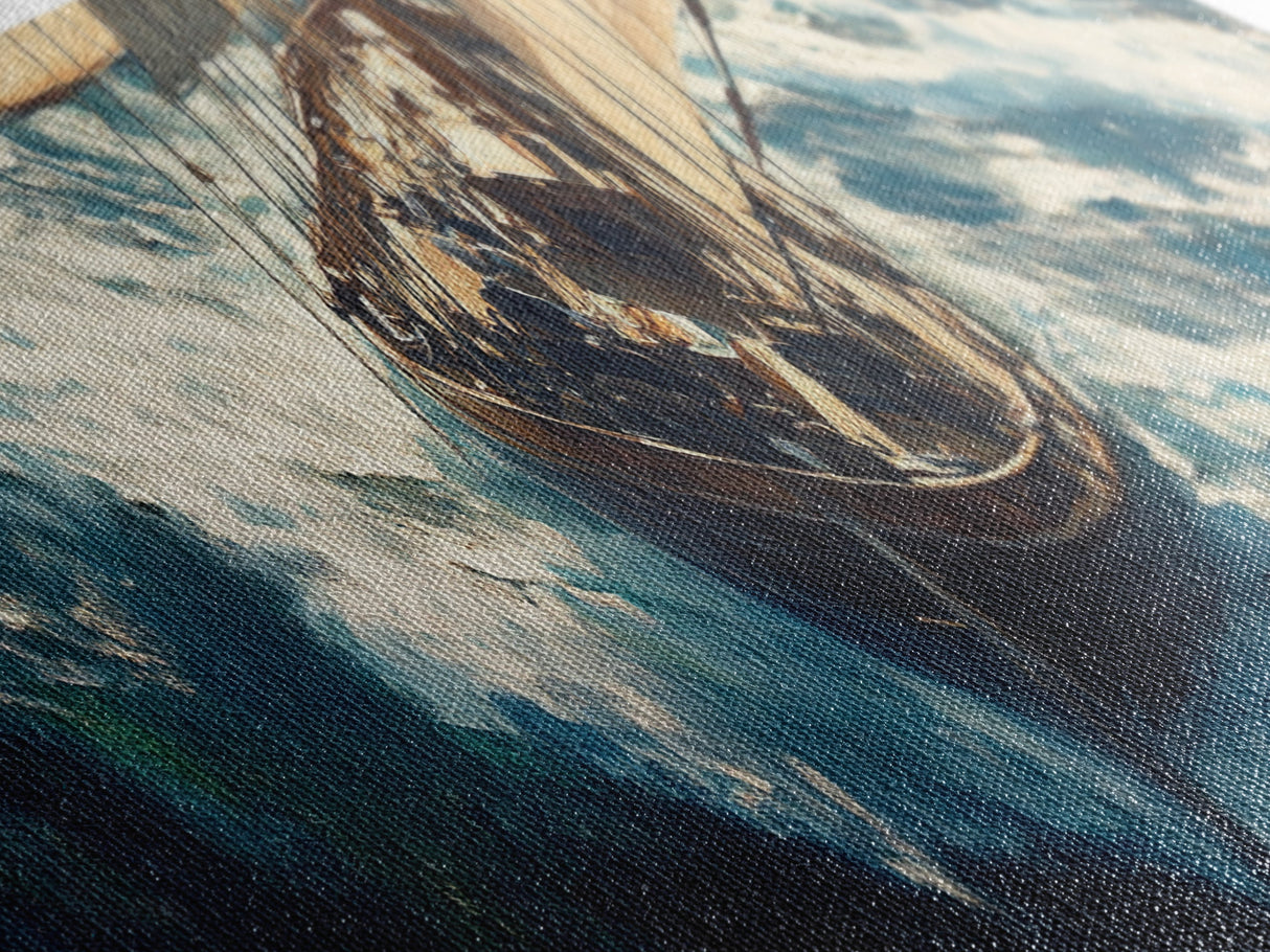 The Storm - Sailboat Battles a Hurricane Framed Canvas Print Panoramic Nautical Decor Fisherman Painting Nautical Landscape Painting
