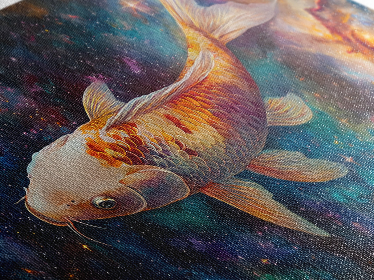 Koi Fish in Space, Framed Canvas Print, Abstract Wabi Sabi Style Painting, Koi Fish Home Decor, Japanese Style Artwork, Boho Decor