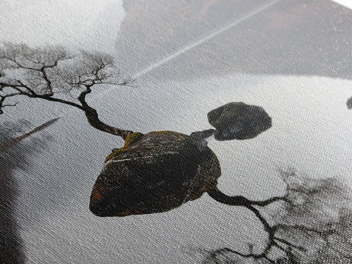 Lone Bonzai Tree On an Island Framed Canvas Print - Ready To Hang Wall Art - Wabi Sabi Landscape Painting - Japanese Style Wall Art