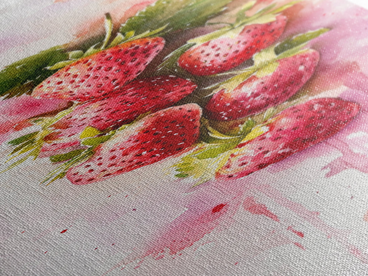 Strawberries Watercolor Painting Framed Canvas Print, Whimsical Kitchen Art, Pink Fruit Rustic Vertical Wall Art, Gift Idea