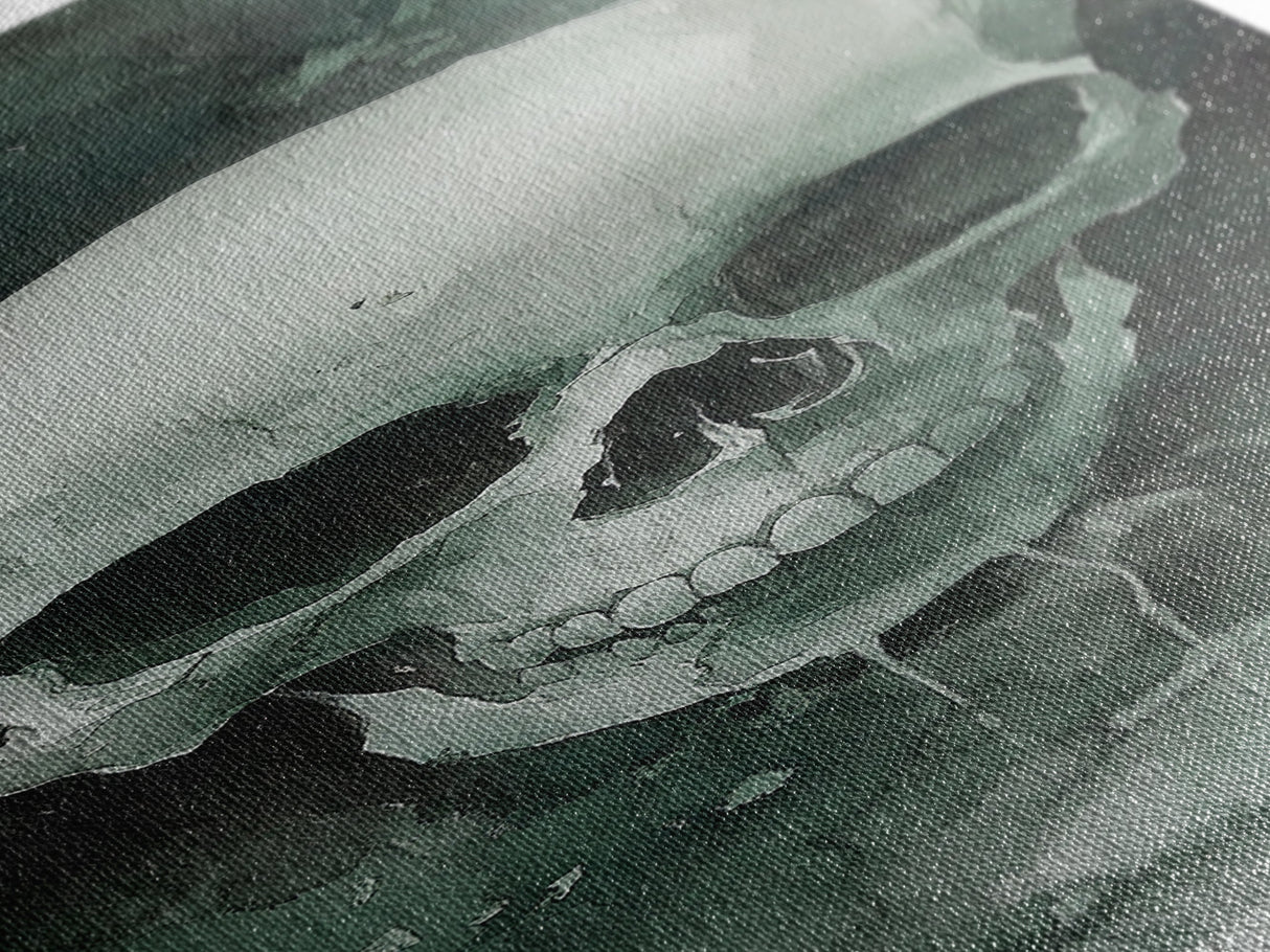 Minimalist Skull Canvas Print in Dark Green Tones, Wabi Sabi Art with Rustic Decor Style, Perfect for Unique Wall Art Accent