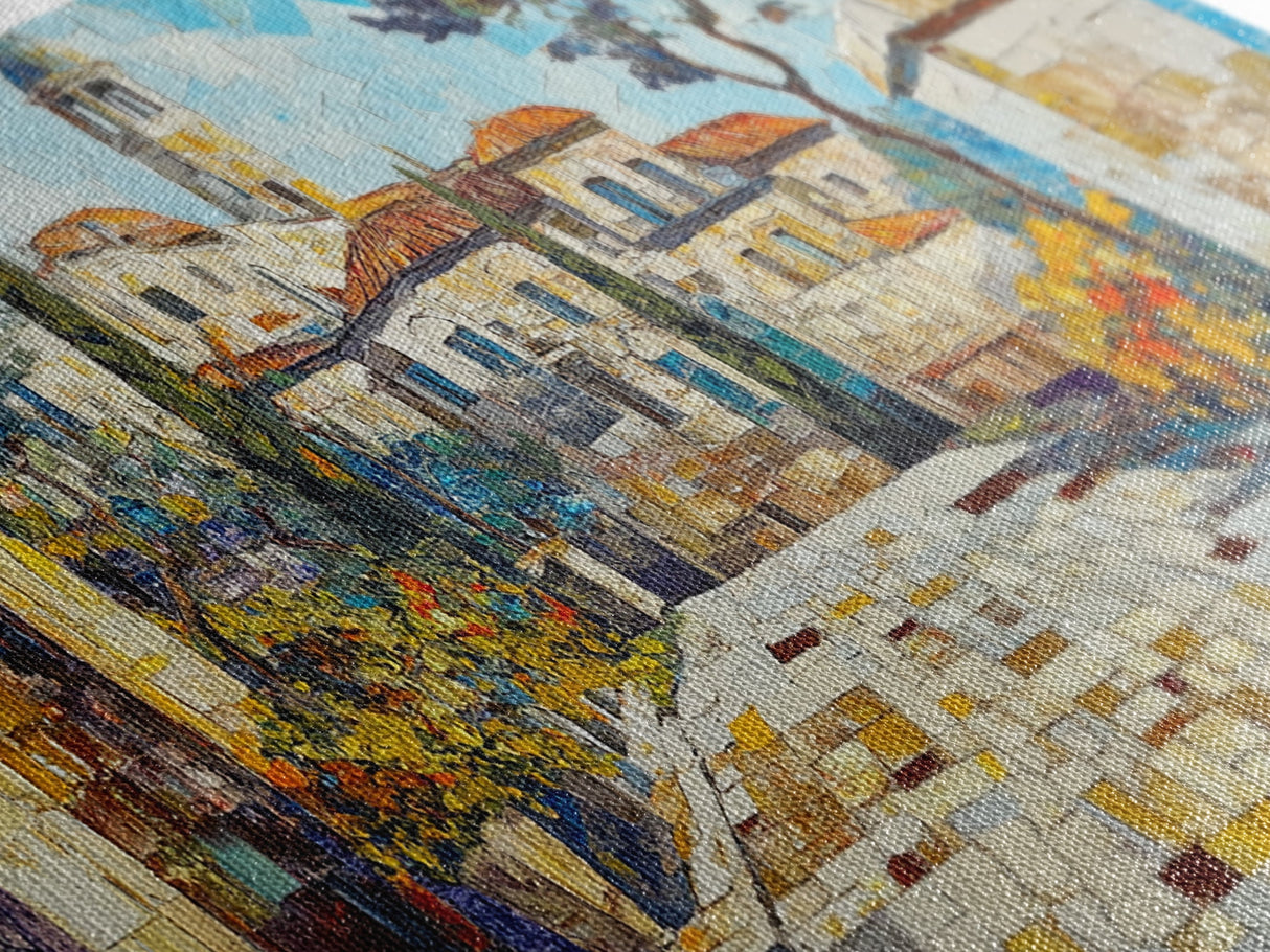 Mediterranean Village Mosaic Framed Canvas Print - Vibrant Coastal Landscape Art - Nautical Decor Living Room Rustic Wall Art