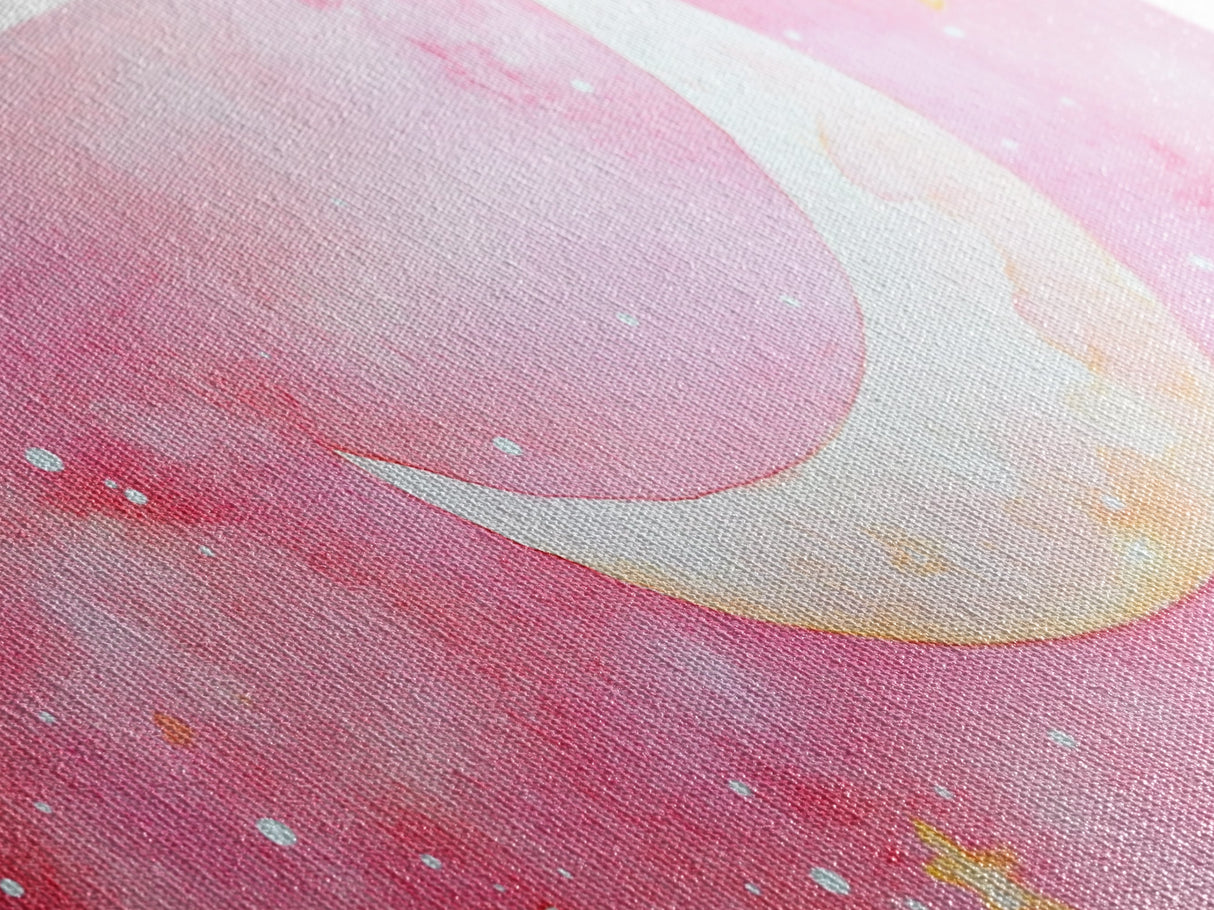 Crescent Moon and Stars Design in Pink Wall Art Style on Framed Canvas Print, Nursery or Bedroom Light Pink Whimsical Art