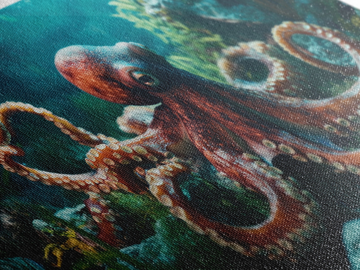 Majestic Octopus Framed Canvas Print, Coastal Decor Wall Art, Marine Wildlife Painting, Ocean Life Nautical Theme, Rustic Home Art