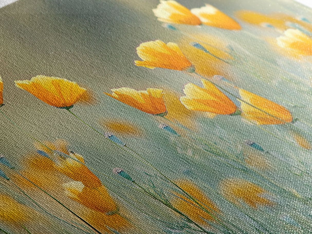 Golden Poppy Floral Canvas Print California Wildflower Art Botanical Wall Decor Rustic Style Extra Wide Horizontal Landscape Art