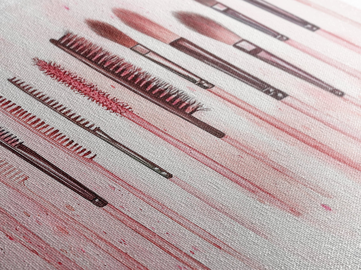Framed Canvas Print of Makeup Brushes and Combs in Pink Ideal Gift Idea with Whimsical Art for Vanity or Beauty Room Wall Decor