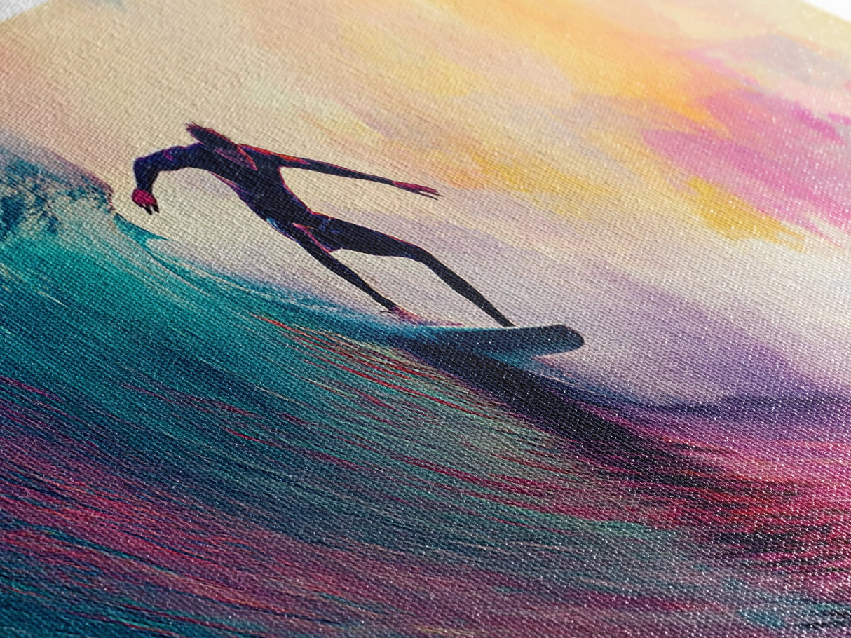Framed Canvas Print of Vibrant Surf Wall Art with Pink Orange Waves, Coastal Decor, Nautical Painting, Gift Idea, Above Sofa Art