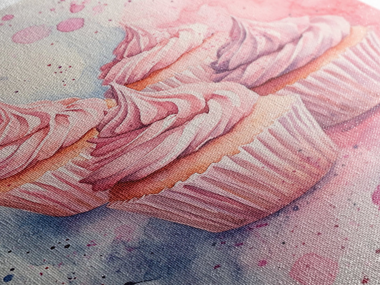 Pink frosted cupcake painting on framed canvas print, whimsical art, food review kitchen art, living room art, guest room decor