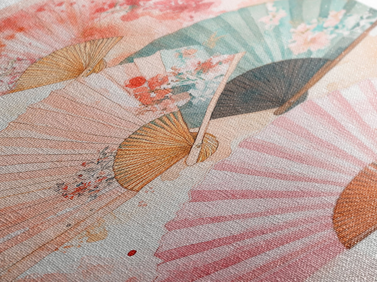 Japanese Fan Art Canvas Print Cherry Blossom Painting Chinoiserie Wall Art Boho Decor Vertical Wall Art Gift Idea Original