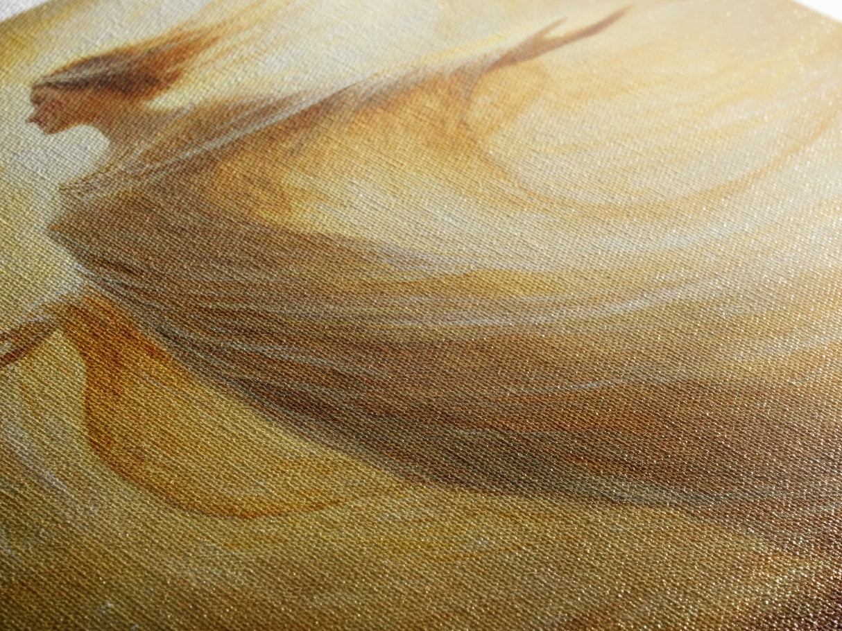 Radiant Golden Goddess Canvas Print, Stunning Angel Art Prints in Moody Style, Perfect Above Bed or as Warm Bedroom Wall Art