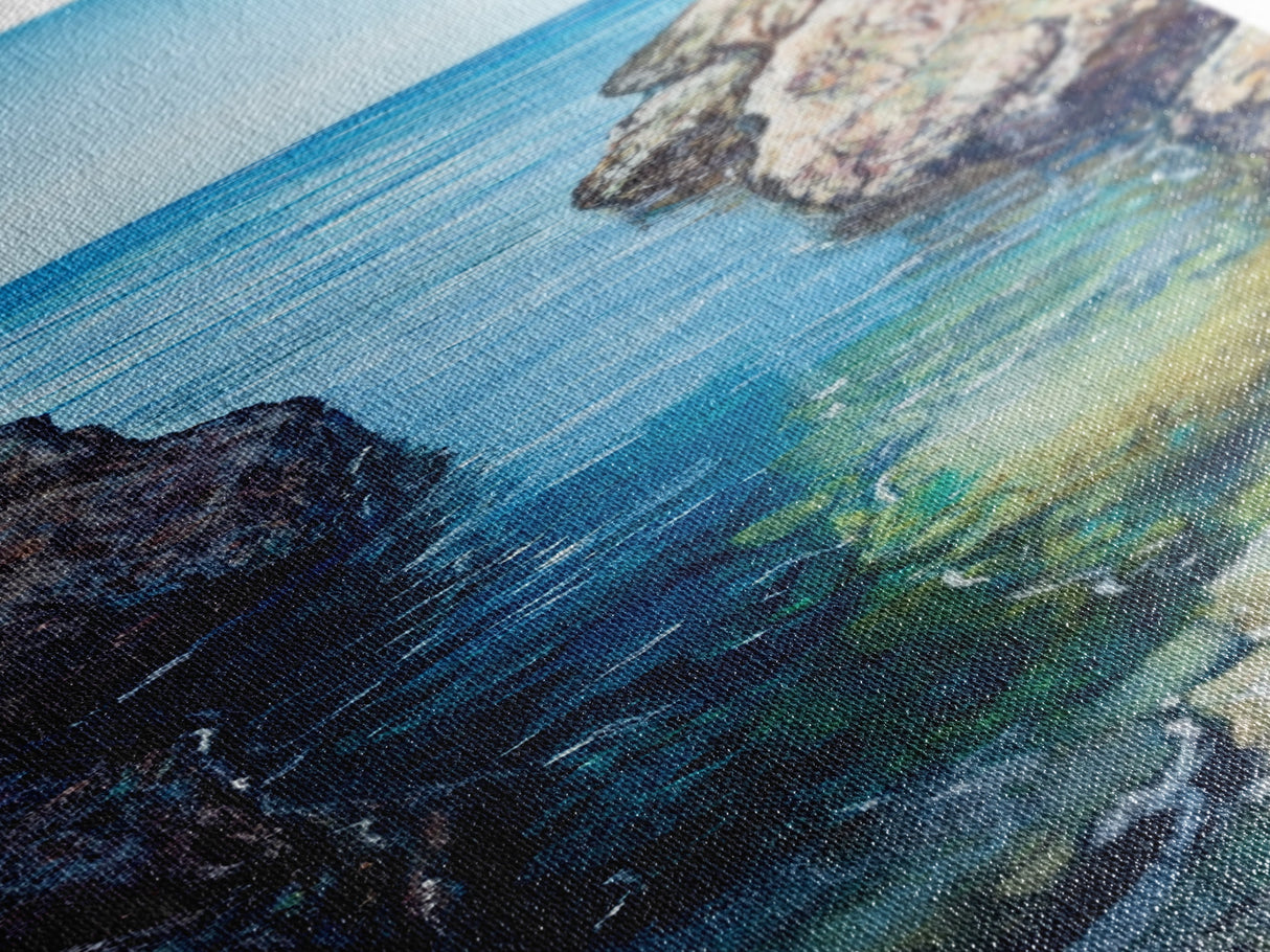 Seaside Escape, Blue Waters, Cliffside View, Canvas Print, coastal wall art, nautical decor, above bed wall art, seascape painting