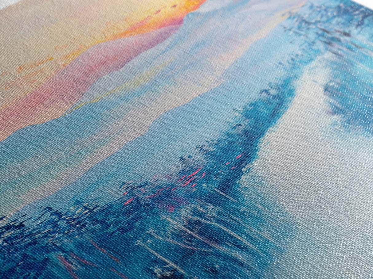Sunset Over Mountains, pink orange wall art, mountain painting, framed canvas print, extra wide art