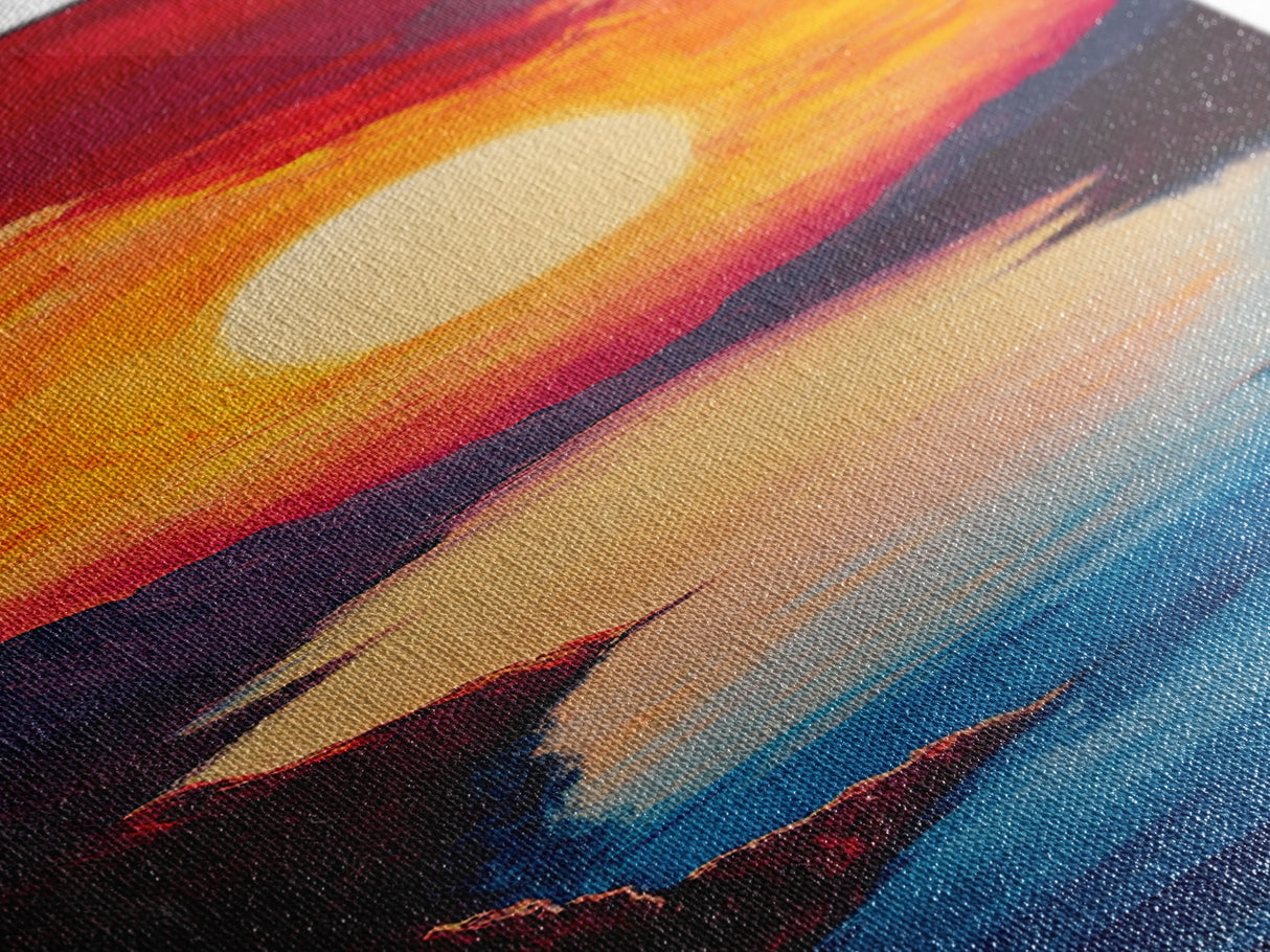 Fiery Sunset, pink orange wall art, landscape painting, moody art, dramatic wall art, framed canvas print, horizontal wall art