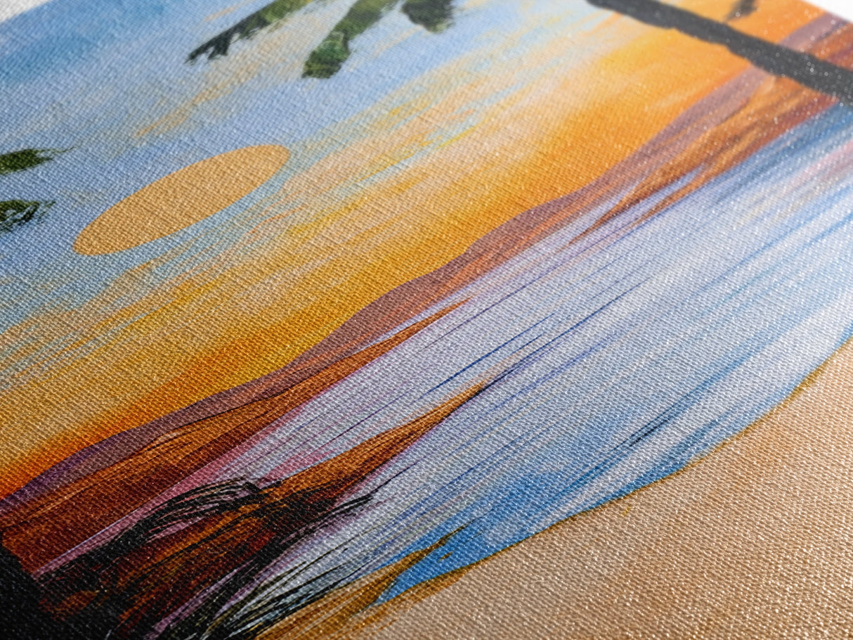 Tropical Sunset, palm tree painting, coastal decor, Hawaii art, nautical painting, framed canvas print, coastal landscape art