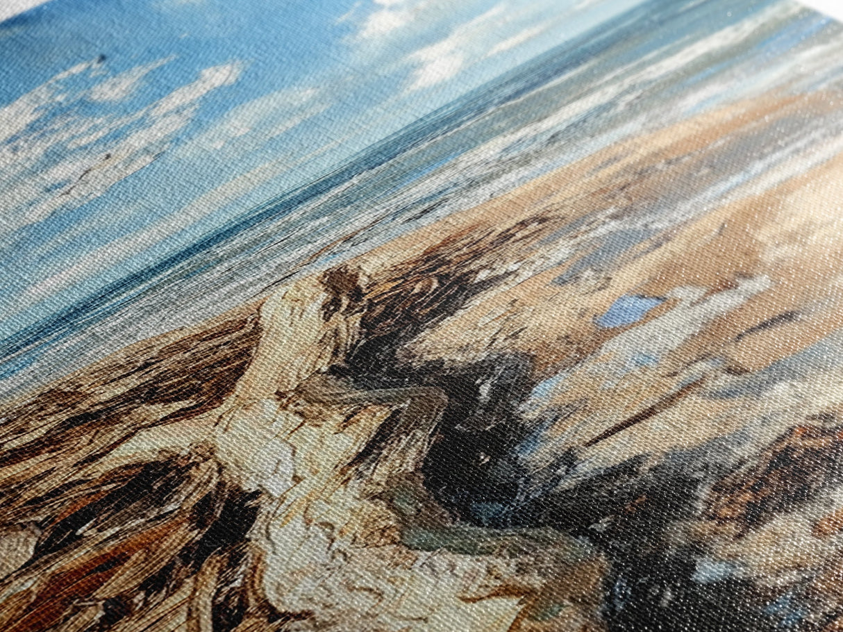 Driftwood beach, coastal landscape art, seascape painting, nautical decor, lake Tahoe art, framed canvas print, rustic wall art