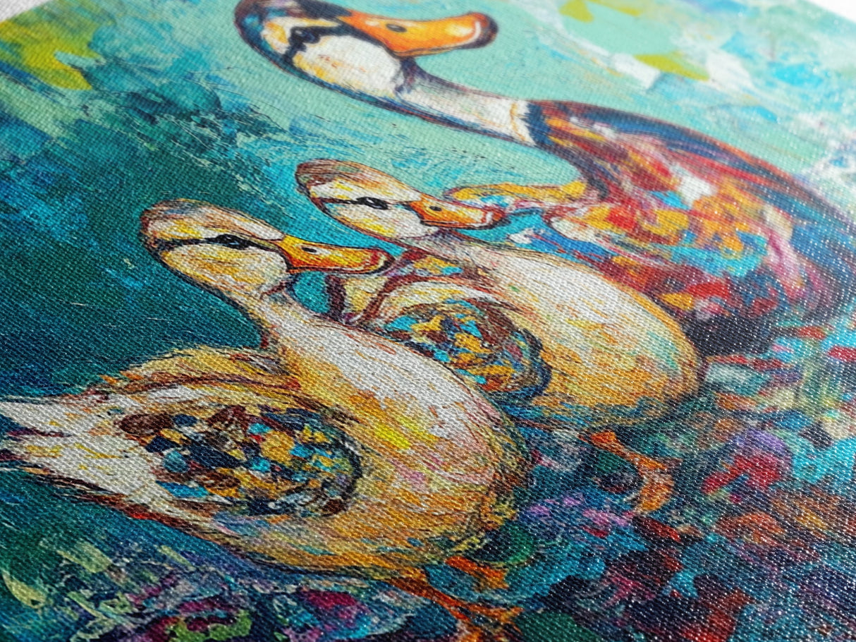 Duck Family, bird art, whimsical art, teal wall art, gift idea for her, landscape painting, extra wide art, Framed Canvas Print