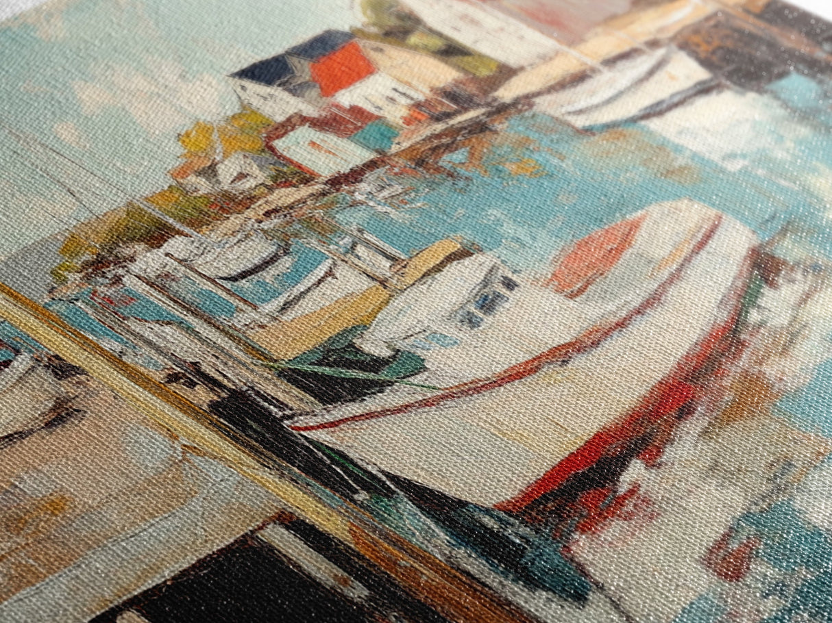 Harbor Boats, Nantucket painting, coastal painting, nautical wall art, fisherman painting, framed canvas print, extra wide art