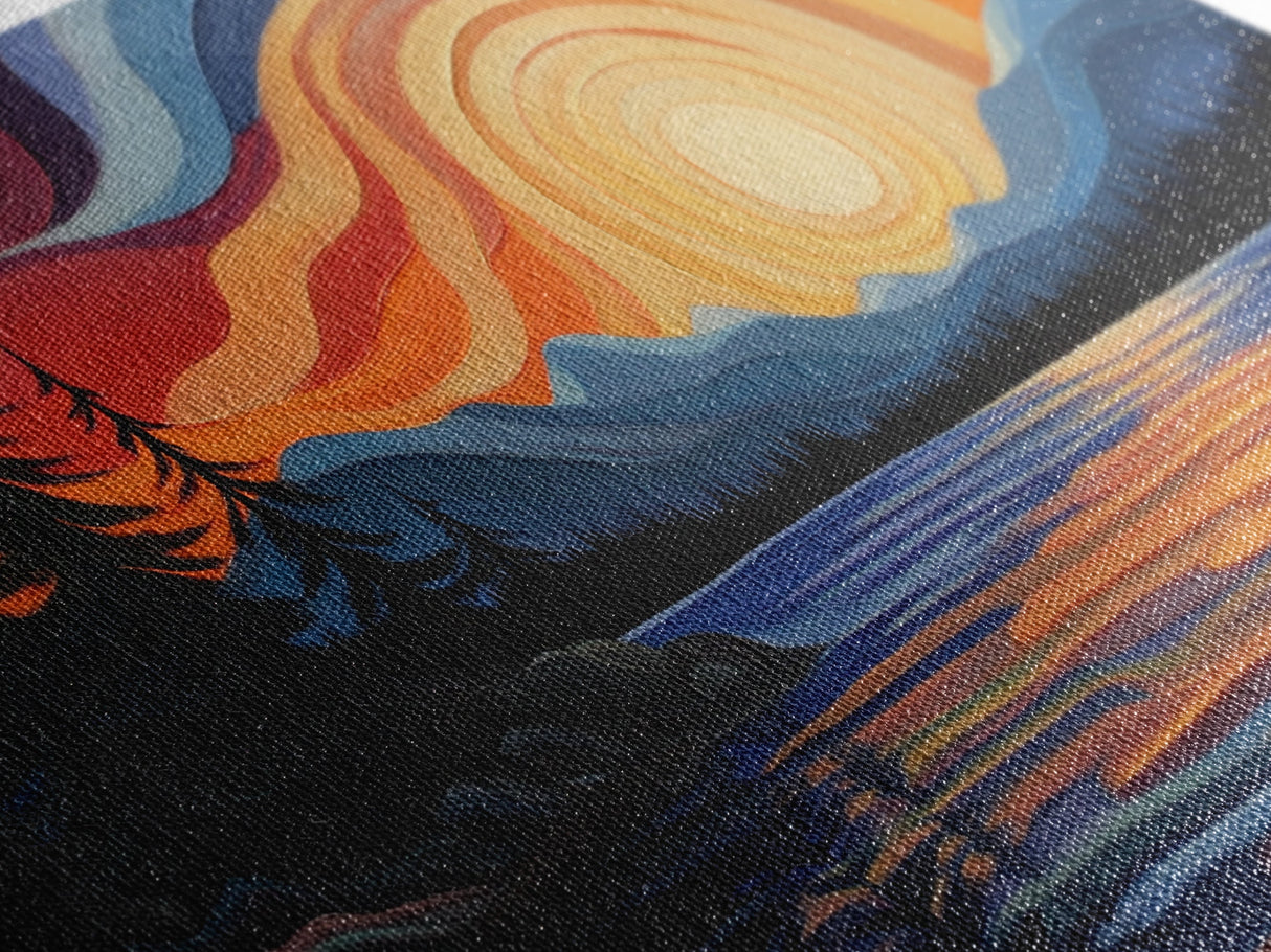 Sunset Lake, Mountain Painting, Framed Canvas Print, Pine Tree Art, Pink Orange Wall Art, Rustic Art, Landscape Painting