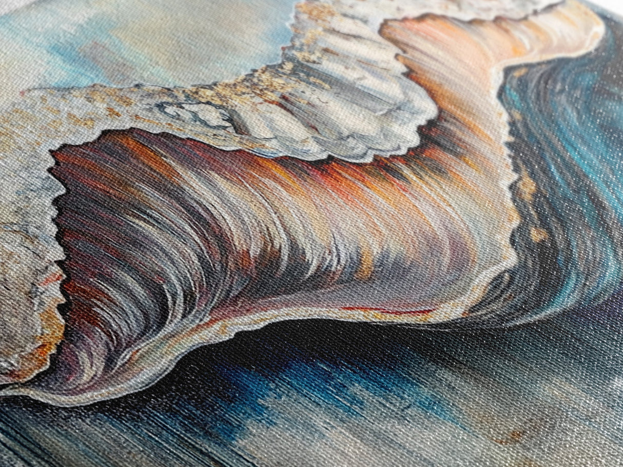 Oyster Shell, coastal painting, framed canvas print, nautical decor, oyster wall art, blue and green wall art, extra wide art