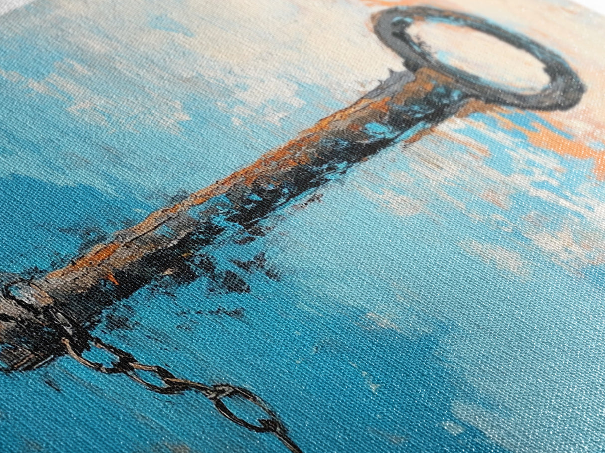 Rustic Key Painting, teal wall art, farmhouse art, coastal decor, framed canvas print, wabi sabi art, extra wide art, moody art