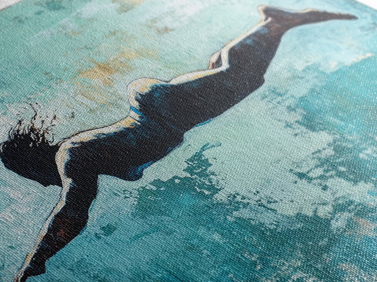 Woman Swimming, teal wall art, moody art, minimalist art, extra wide art, coastal decor, beach house art, Canvas Print
