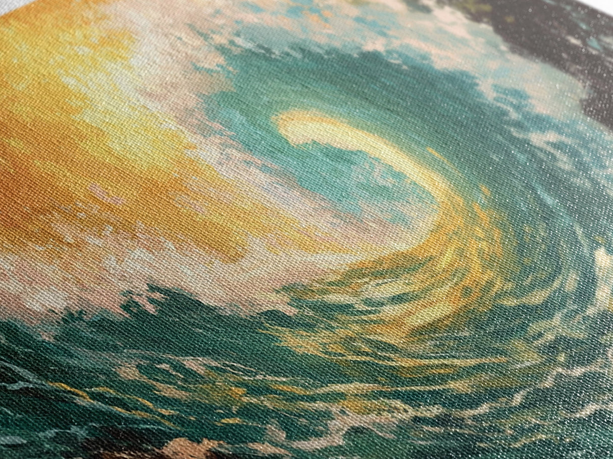 Golden Wave, surf wall art, seascape painting, coastal decor, nautical wall art, beach house decor, panoramic art, Canvas Print