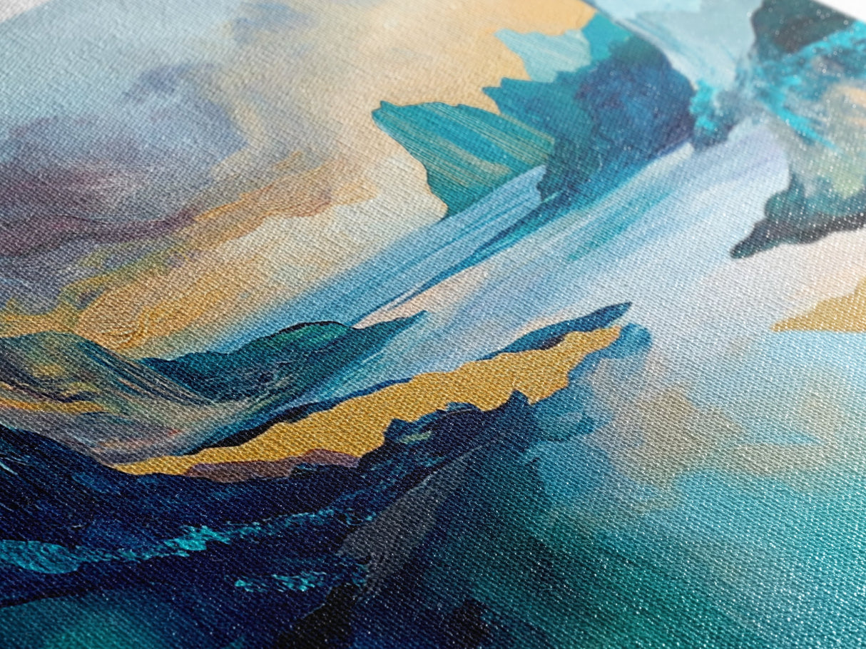 Serene Fjord, mountain painting, lake Tahoe art, blue and green wall art, panoramic painting, extra wide art, Framed Canvas Print, above sofa art