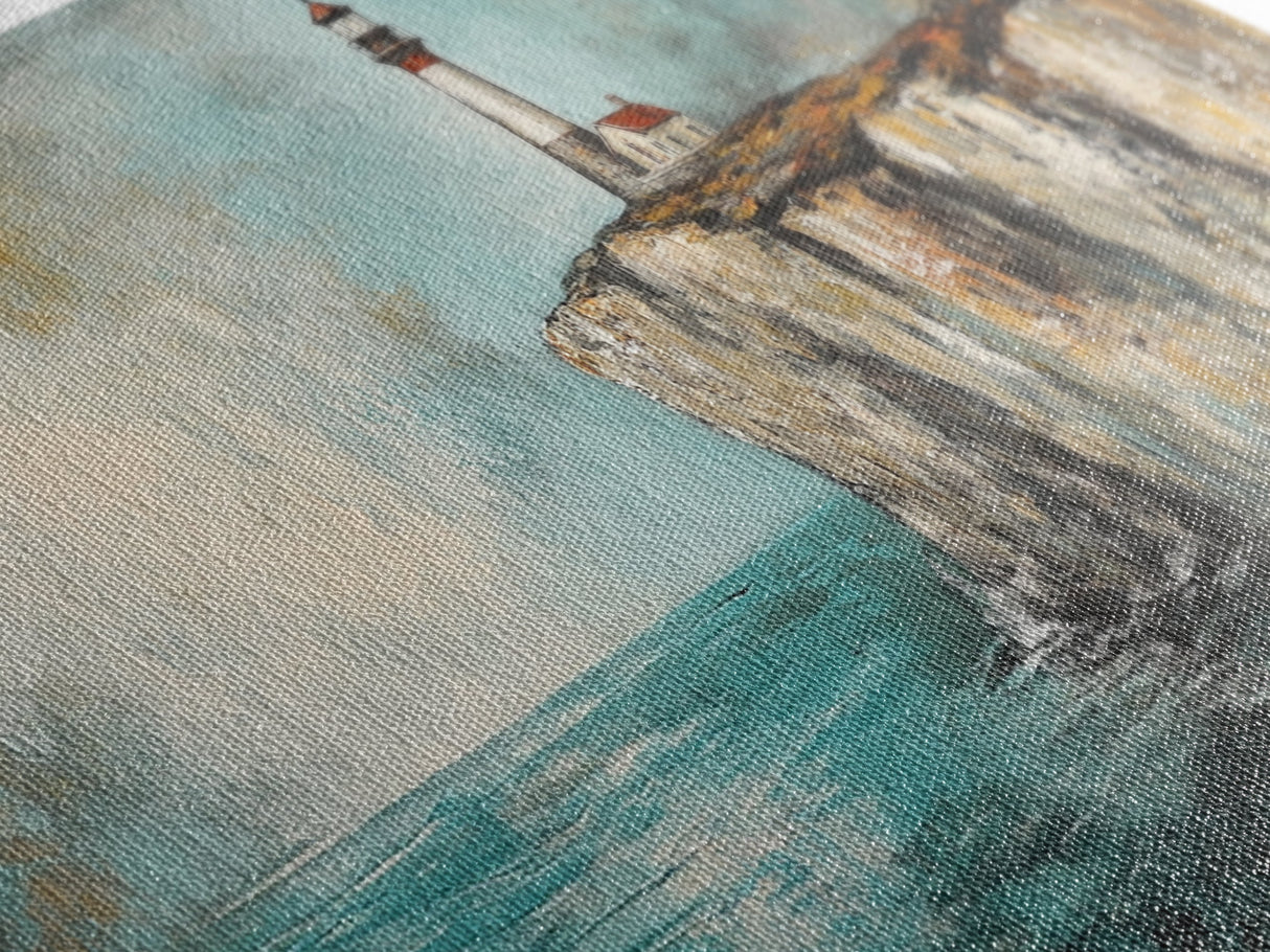 Lighthouse at Cliff, nautical wall art, coastal decor, dramatic seascape painting, panoramic painting, Framed Canvas Print, above sofa art